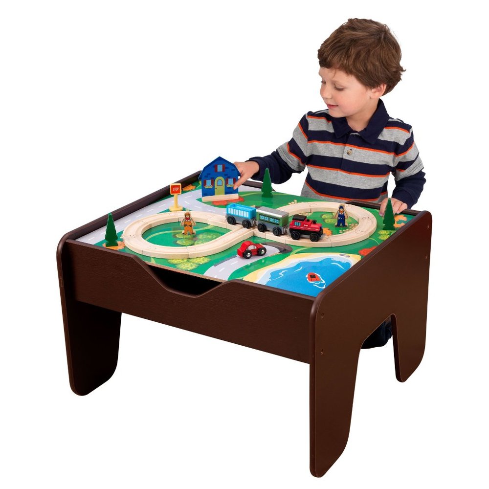 Reversible Wooden Activity Table with Board and Train Set, Espresso